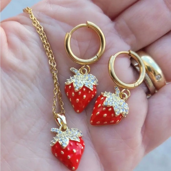 CZ Strawberry charm 18k gold plated necklace. New. - Picture 8 of 12